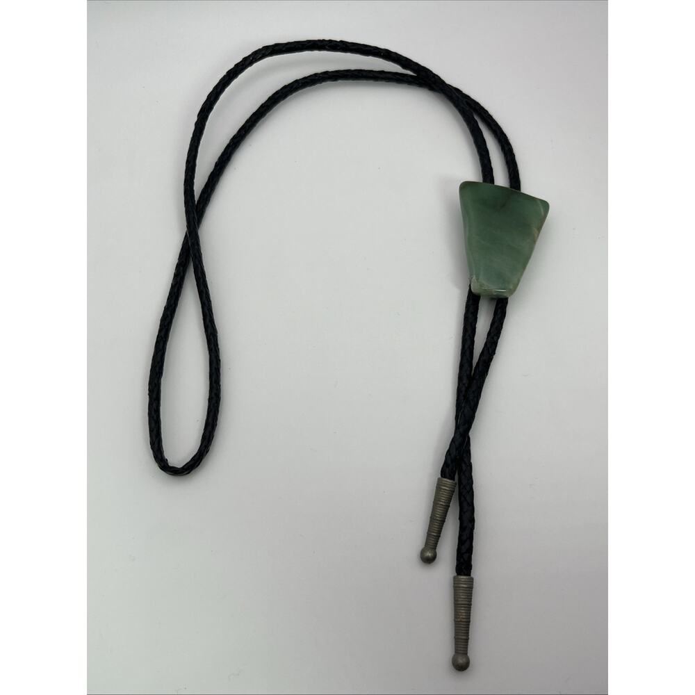 Green Aventurine Gemstone Slider Tie Braided Black Cord and Polished Stone 36"